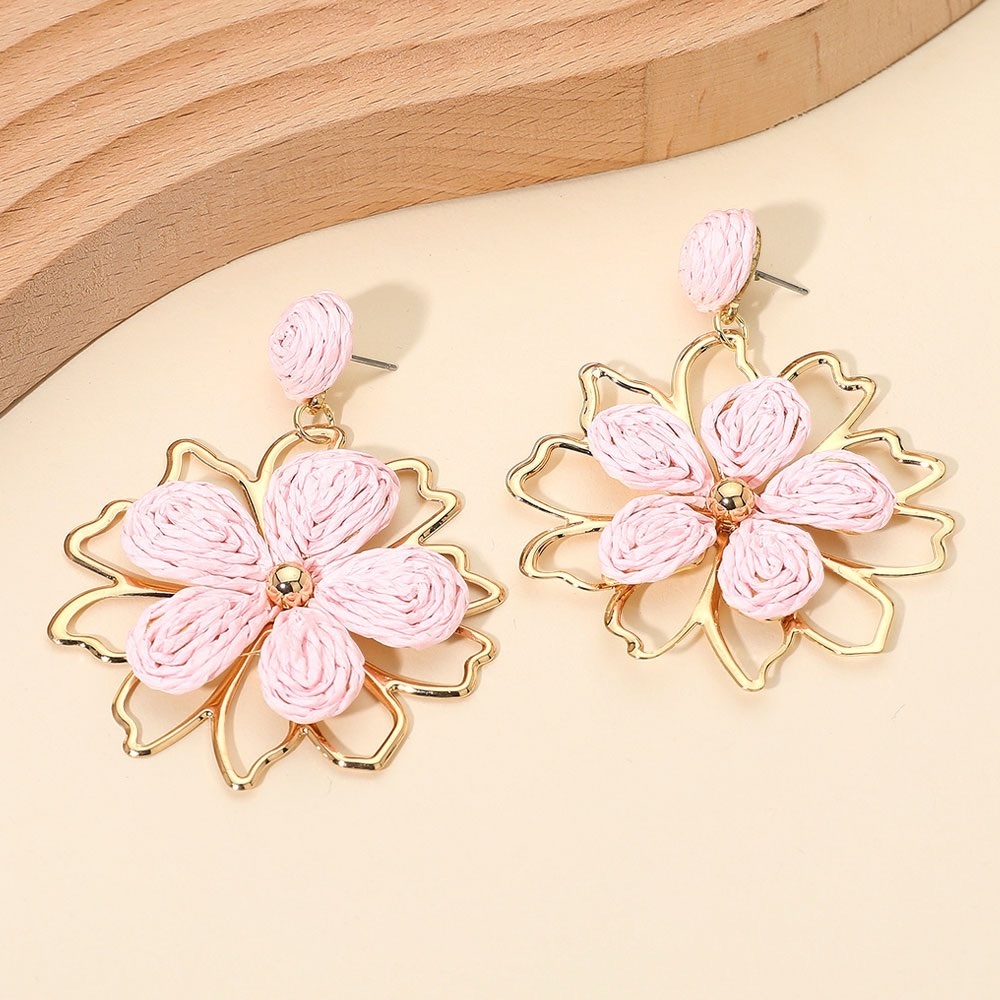 Floral Pink and Gold Earrings Raffia Wrapped